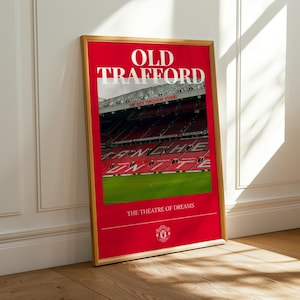 Manchester United Old Trafford Poster w/ Bold Red Background | Red Devils Poster | Football Wall Art | Man U FC Print | Football Room Decor