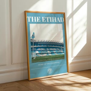Manchester City Etihad Stadium Print | Bold Sky Blue Background | Man City Fan Print | Iconic Football Stadiums | Man City FC Poster