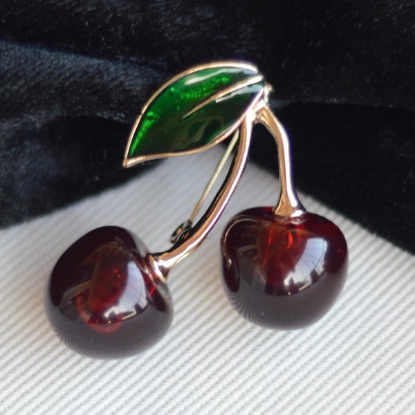 Kersenbroche, rood emaille fruitspeld, vintage sieraden, unieke broche voor vrouwen, elegante pin cadeau voor bruiloften, cadeau Valentijnsdag, voor haar