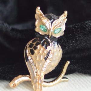 Enamel Owl Brooch: Crystal Accents, Gold Finish