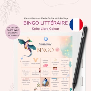Può includere: Un e-reader Kobo Libra Colour con un gioco Bingo a tema fantasy visualizzato sullo schermo. Il tabellone presenta illustrazioni e testo in francese. Uno stilo nero è appoggiato sul lato destro. Il testo "BINGO LITTÉRAIRE" è visibile.