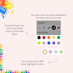May include: A digital interface display for the Kobo Libra Colour pen showing pen size options and a palette of colors. The text reads: The colors are only those available in the Kobo Libra Colour pen, Choose the pen size and the available colors on the Kobo stylus, and You can also color with these highlighter colors.