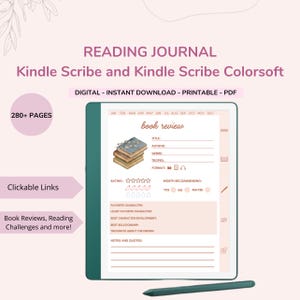 Könnte beinhalten: Digitales Lesetagebuch für Kindle Scribe und Kindle Scribe Colorsoft. Das Journal enthält Buchbesprechungsseiten, Leseherausforderungen und mehr. Das Journal ist ein digitaler, sofortiger Download, druckbares PDF mit 280+ Seiten und anklickbaren Links.
