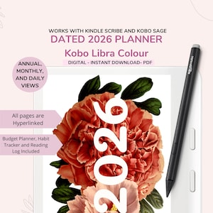 Peut inclure: Planificateur numérique 2026 pour Kobo Libra Colour, avec vues annuelles, mensuelles et quotidiennes. Comprend un planificateur budgétaire, un suivi des habitudes et un journal de lecture. Toutes les pages sont hyperliées. Stylet noir.