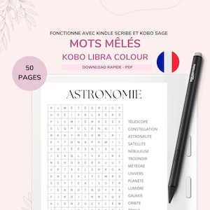 May include: A word search puzzle with the title "Astronomy" and a list of related words. The puzzle is on a white background with a black stylus and the text "50 PAGES". The puzzle is designed for Kobo Libra Colour.