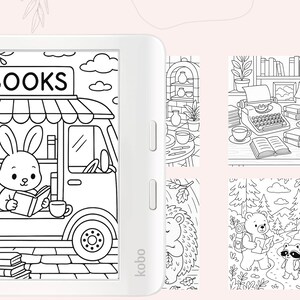 Puede incluir: Ilustraci&oacute;n en blanco y negro de una biblioteca m&oacute;vil con un conejo leyendo un libro. La biblioteca m&oacute;vil tiene un letrero que dice "LIBROS".