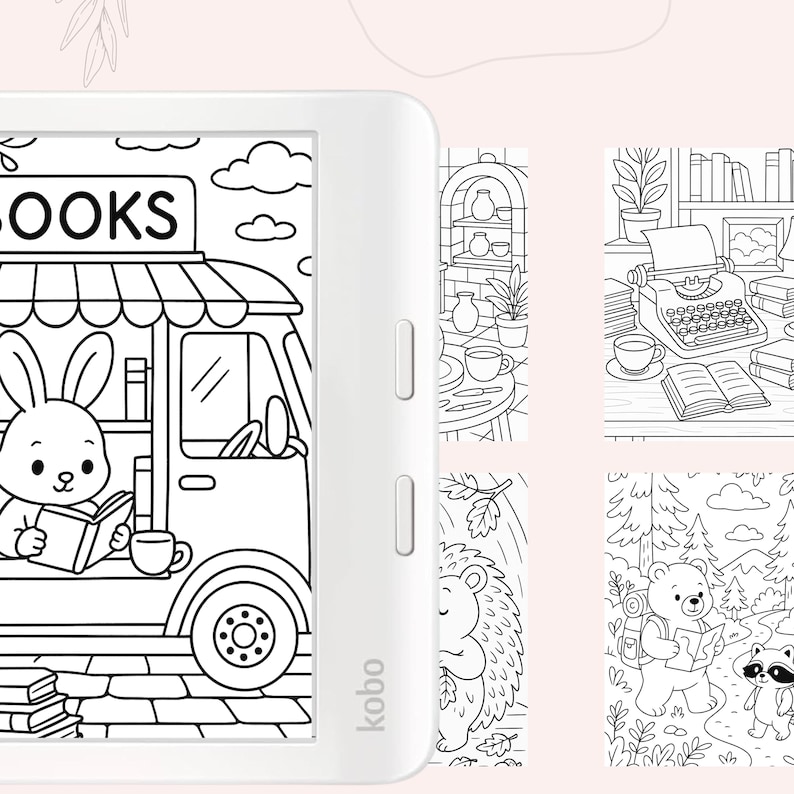 Puede incluir: Ilustraci&oacute;n en blanco y negro de una biblioteca m&oacute;vil con un conejo leyendo un libro. La biblioteca m&oacute;vil tiene un letrero que dice "LIBROS".