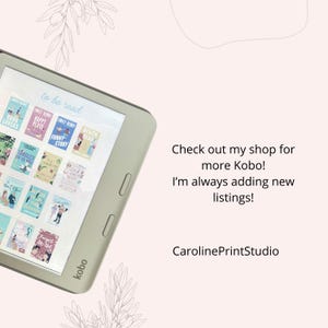 May include: A close-up of a Kobo e-reader displaying a variety of book covers. The e-reader is grey and has a white screen. The book covers are colourful and feature a variety of genres, including romance, mystery, and fiction. The text on the screen reads "to be read".