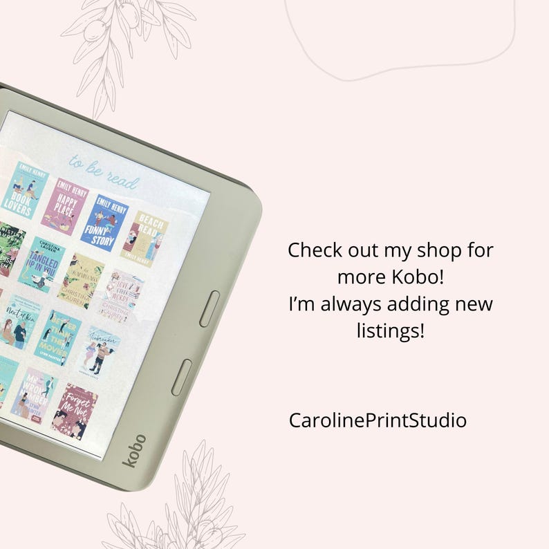 May include: A close-up of a Kobo e-reader displaying a variety of book covers. The e-reader is grey and has a white screen. The book covers are colourful and feature a variety of genres, including romance, mystery, and fiction. The text on the screen reads "to be read".