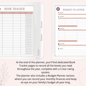 May include: Two white Kobo e-readers displaying planner pages. One shows a "Book Tracker" with rating stars, the other a "Budget Planner" with income and expense sections. The text on the screen is in a soft pink color.
