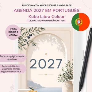 Puede incluir: Una agenda digital 2027 en portugués para Kindle Scribe y Kobo Sage, con una portada que muestra un arco, ramas de olivo y el año 2027. El diseño incluye vistas diarias y mensuales, registros de hábitos, presupuestos y listas de lectura.