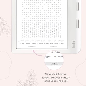May include: A white e-reader displaying a black and white word search puzzle on the screen. The puzzle is titled "Solutions". The screen also shows a clickable button that says "Solutions".