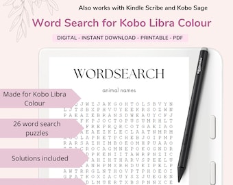 Kobo Word Search Book 1 para Kobo Libra Colour | Jogos de palavras para Kobo Colour WordSearch Ereader Kindle Scribe Game Palavras Stylus | Caneta Kobo