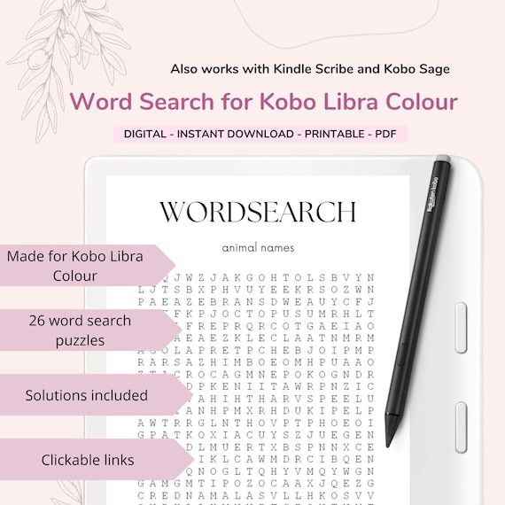 Kobo Word Search Book 1 for Kobo Libra Colour | Word Games for Kobo Colour WordSearch Ereader Kindle Scribe Game Words Stylus | Kobo Pen