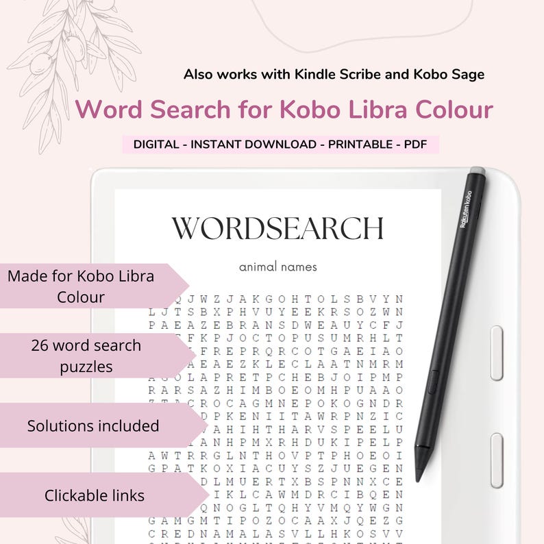 Kobo Word Search Book 1 for Kobo Libra Colour | Word Games for Kobo Colour WordSearch Ereader Kindle Scribe Game Words Stylus | Kobo Pen image 1