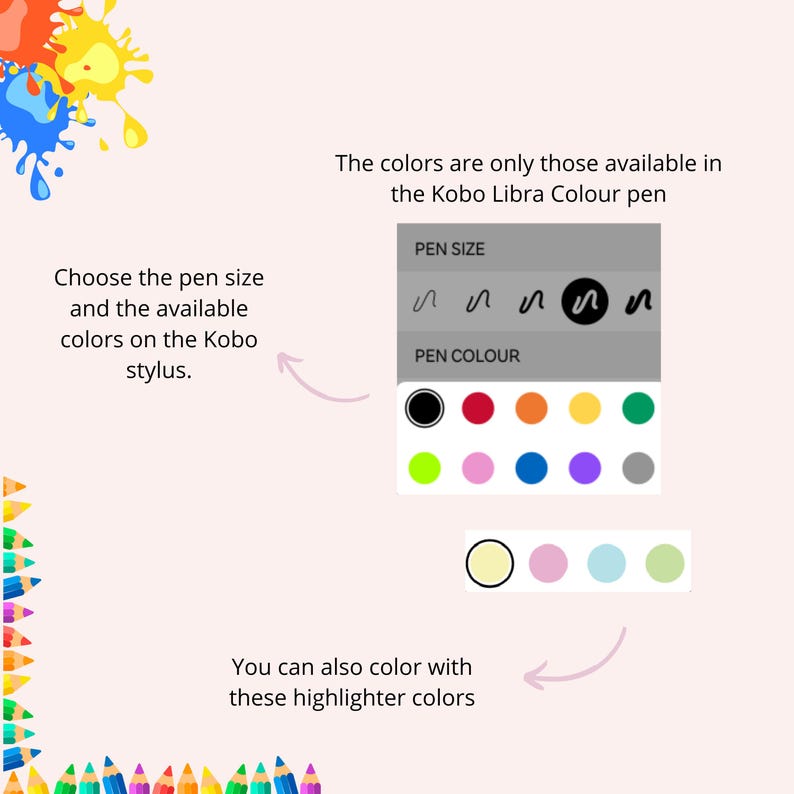 Puede incluir: Un lector electr&oacute;nico Kobo Libra Colour con un l&aacute;piz. El l&aacute;piz tiene diferentes tama&ntilde;os de bol&iacute;grafo y colores. El lector electr&oacute;nico tambi&eacute;n tiene colores de resaltador. Los colores son negro, rojo, naranja, amarillo, verde, verde lima, rosa, azul, morado, gris, crema, rosa claro, azul claro y verde claro.