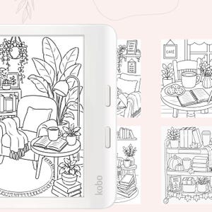 May include: A white Kobo e-reader displaying a black and white line art illustration of a cozy living room scene with an armchair, a floor lamp, and potted plants. Additional smaller line art panels show a cafe table, a bookshelf, and a cart.