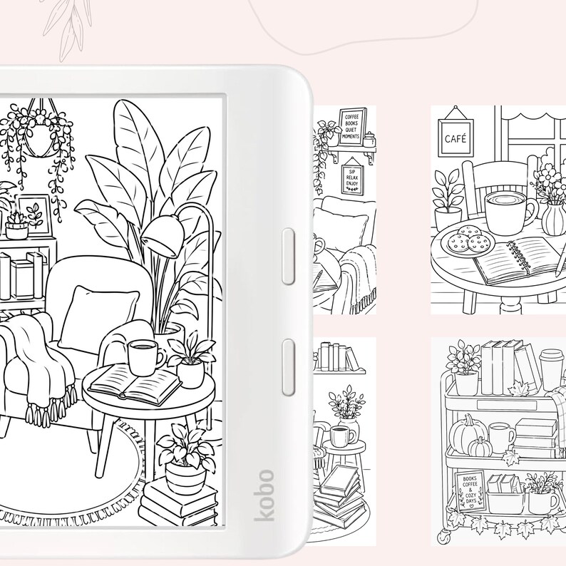 May include: A white Kobo e-reader displaying a black and white line art illustration of a cozy living room scene with an armchair, a floor lamp, and potted plants. Additional smaller line art panels show a cafe table, a bookshelf, and a cart.