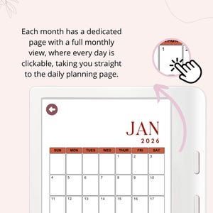 May include: A digital calendar for January 2026 displayed on a tablet. The calendar grid is in a burnt orange color, with the month and year at the top. The image includes a hand icon pointing to the calendar.