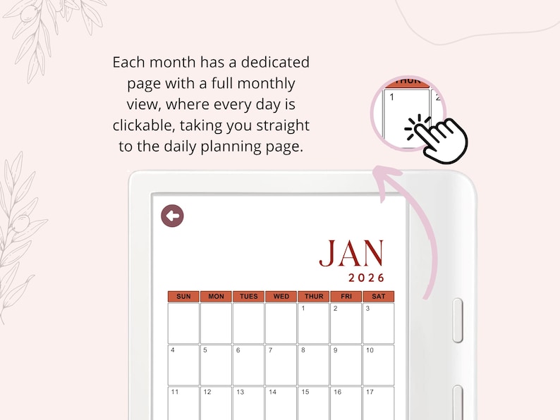 May include: A digital calendar for January 2026 displayed on a tablet. The calendar grid is in a burnt orange color, with the month and year at the top. The image includes a hand icon pointing to the calendar.