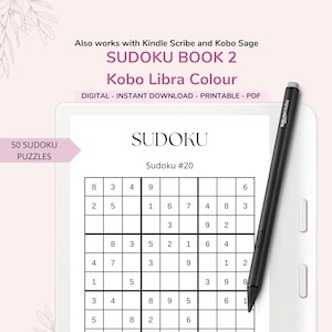 Puede incluir: Un rompecabezas de Sudoku digital que se muestra en una tableta, con un lápiz óptico negro apoyado en la pantalla. La pantalla muestra una cuadrícula de Sudoku parcialmente completada con números. El texto en la pantalla dice "SUDOKU" y "Sudoku #20".
