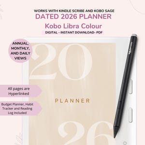 Puede incluir: Un planificador digital para 2026, compatible con Kindle Scribe y Kobo Sage, con el texto "Kobo Libra Colour". El planificador incluye vistas anuales, mensuales y diarias, con todas las páginas con hipervínculos. Incluye planificador de presupuesto, seguimiento de hábitos y registro de lectura.