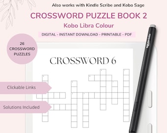 Op de afbeelding: Een digitaal kruiswoordpuzzelboek met de titel "Crossword Puzzle Book 2" met de tekst "Kobo Libra Colour". De afbeelding toont een kruiswoordpuzzel op een tablet met een stylus. De tekst bevat "26 Crossword Puzzles", "Clickable Links" en "Solutions Included".