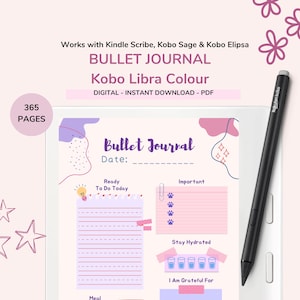 May include: A digital bullet journal for Kobo Libra Colour, with 365 pages. The journal features a pink and purple design with sections for daily planning, including "Ready To Do Today" and "Important". A black stylus pen is also visible.