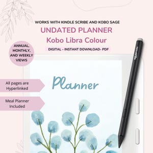Puede incluir: Un planificador digital para el lector electrónico Kobo Libra Colour. El planificador no está fechado e incluye vistas anuales, mensuales y semanales. La portada presenta una ilustración de acuarela de flores azules y la palabra "Planificador".