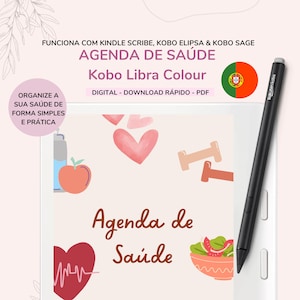 以下が含まれることがあります： ピンクと白のデジタルプランナーで、「Agenda de Saúde」というテキストと、ハート、ダンベル、サラダボウルが描かれています。このプランナーは、Kindle Scribe、Kobo Elipsa、Kobo Sageと互換性があります。