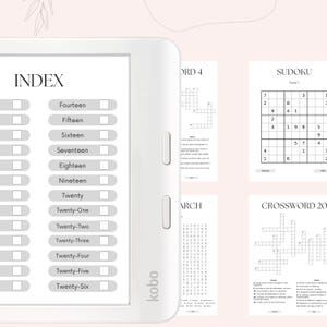May include: A black and white e-reader with a white screen displaying an index of puzzles. The index lists puzzles numbered from 14 to 26. The e-reader is labelled "kobo" on the side. The image also shows a crossword puzzle, a word search puzzle, and a Sudoku puzzle.