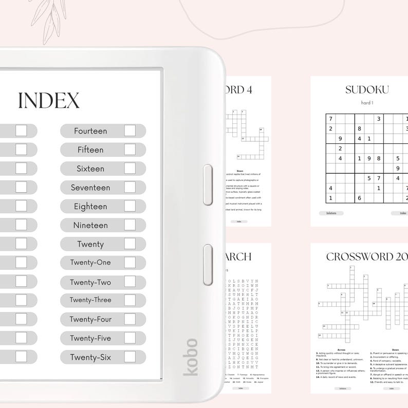 May include: A black and white e-reader with a white screen displaying an index of puzzles. The index lists puzzles numbered from 14 to 26. The e-reader is labelled "kobo" on the side. The image also shows a crossword puzzle, a word search puzzle, and a Sudoku puzzle.