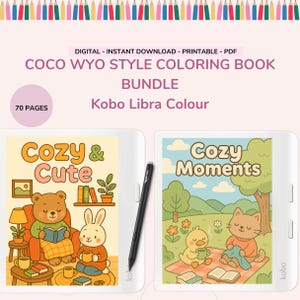 Può includere: Pacchetto di libri da colorare digitali stampabili per Kobo Libra Colour. Le copertine mostrano "Cozy & Cute" e "Cozy Moments" con illustrazioni di animali. Il pacchetto include 70 pagine ed è un download immediato.