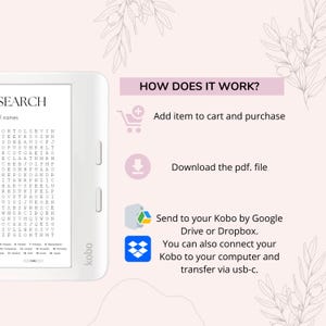 May include: A white e-reader with a black screen displaying a word search puzzle. The screen shows the word "SEARCH" at the top and the text "I names" below it. The e-reader is on a pink background with a white border. The image also shows a shopping cart icon, a download icon, and two file sharing icons. The text "HOW DOES IT WORK?" is at the top of the image. The text "Add item to cart and purchase" is below the shopping cart icon. The text "Download the pdf. file" is below the download icon. The text "Send to your Kobo by Google Drive or Dropbox." is below the file sharing icons. The text "You can also connect your Kobo to your computer and transfer via USB-C." is below the file sharing icons.
