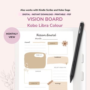 May include: A digital vision board template for Kobo Libra Colour, with sections for goals, family, hobbies, relationships, career, health, and money. Includes a black stylus. Text on the image reads "Vision Board" and "Monthly View".