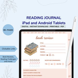 Puede incluir: Un diario de lectura digital para iPad y tabletas Android. El diario tiene un fondo rosa con una pila de libros y un diseño floral. El diario incluye secciones para reseñas de libros, calificaciones, personajes favoritos y más.