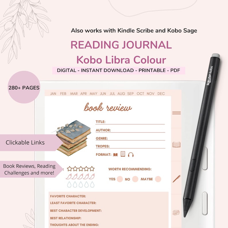 Kobo Libra Colour Reading Journal Book Review Planner Book TBR Shelves Planner Pen Stylus games template puzzles notes (Digital Download) image 1