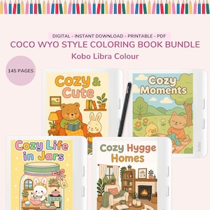 Könnte beinhalten: Ein digitales Coco Wyo Malbuch-Bundle für Kobo Libra Colour mit 145 Seiten. Das Display zeigt vier illustrierte Cover mit den Titeln Cozy & Cute, Cozy Moments, Cozy Life in Jars und Cozy Hygge Homes sowie einen schwarzen Eingabestift.