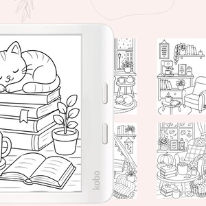 May include: A white Kobo e-reader displaying a black and white line art illustration of a cat sleeping on a stack of books next to a potted plant and an open book. Additional small thumbnail illustrations of cozy indoor scenes are visible to the right.