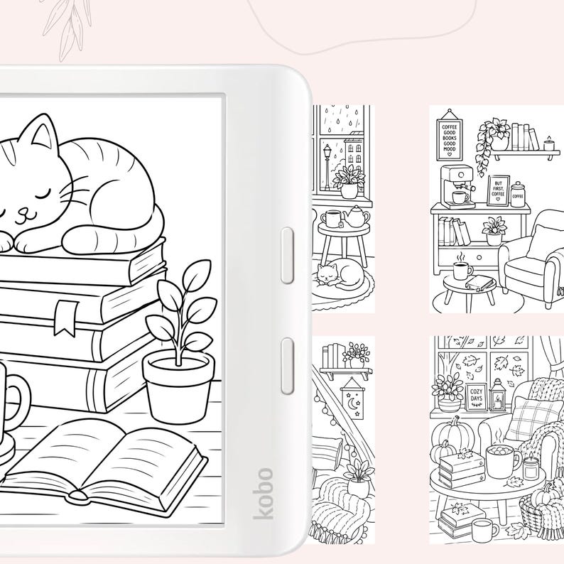 May include: A white Kobo e-reader displaying a black and white line art illustration of a cat sleeping on a stack of books next to a potted plant and an open book. Additional small thumbnail illustrations of cozy indoor scenes are visible to the right.