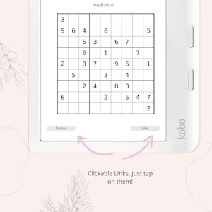 Pode incluir: Um leitor digital com um Sudoku exibido na tela. O quebra-cabe&ccedil;a &eacute; rotulado como "medium 6" e tem n&uacute;meros de 1 a 9 em v&aacute;rias c&eacute;lulas. O leitor digital tem bot&otilde;es rotulados como "Solu&ccedil;&otilde;es" e "&Iacute;ndice".