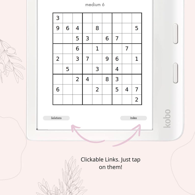 Pode incluir: Um leitor digital com um Sudoku exibido na tela. O quebra-cabe&ccedil;a &eacute; rotulado como "medium 6" e tem n&uacute;meros de 1 a 9 em v&aacute;rias c&eacute;lulas. O leitor digital tem bot&otilde;es rotulados como "Solu&ccedil;&otilde;es" e "&Iacute;ndice".