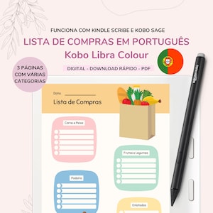 Op de afbeelding: Een digitale boodschappenlijst sjabloon in het Portugees voor de Kobo Libra Colour e-reader. De sjabloon heeft secties voor vlees en vis, bakkerij, fruit en groenten, en ingeblikte goederen. De sjabloon is geïllustreerd met een bruine papieren zak gevuld met boodschappen.