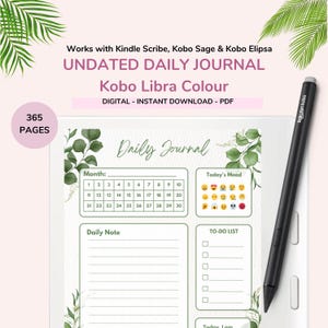 Puede incluir: Un diario diario sin fecha para Kobo Libra Colour, con 365 páginas. El PDF digital presenta un diseño con secciones para el mes, notas diarias, una lista de tareas y seguimiento del estado de ánimo. Incluye un lápiz óptico negro. Texto: "Works with Kindle Scribe, Kobo Sage & Kobo Elipsa."