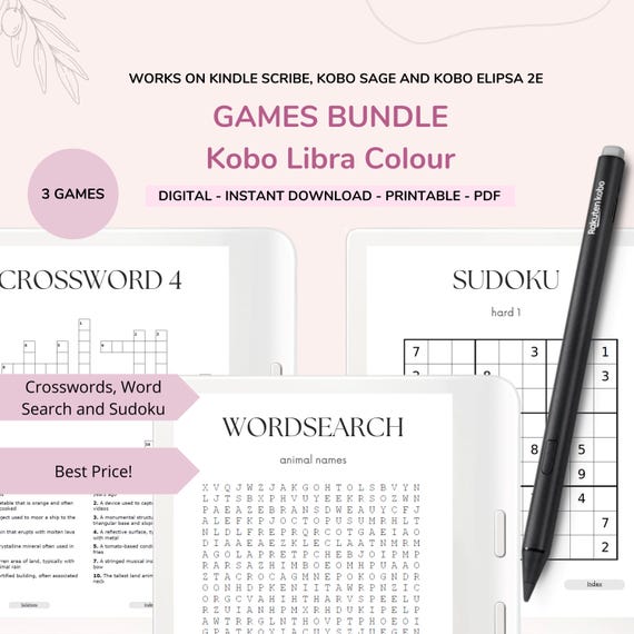 Kobo Libra Colour Game Bundle: Word Search, Crossword, Sudoku (PDF