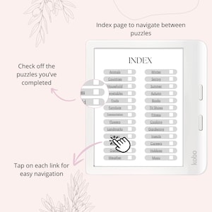 May include: A black and white e-reader with a white screen displaying a list of categories for puzzles. The categories include Animals, Countries, Household, Vegetables, Fruits, Furniture, Transportation, Flowers, Landmarks, Games, Weather, Winter, Spring, Summer, Autumn, Books, TV Shows, Fitness, Cooking, Gardening, Insects, Careers, Hobbies, and Music. Each category has a checkbox next to it. The e-reader is labelled "kobo" in the bottom right corner.