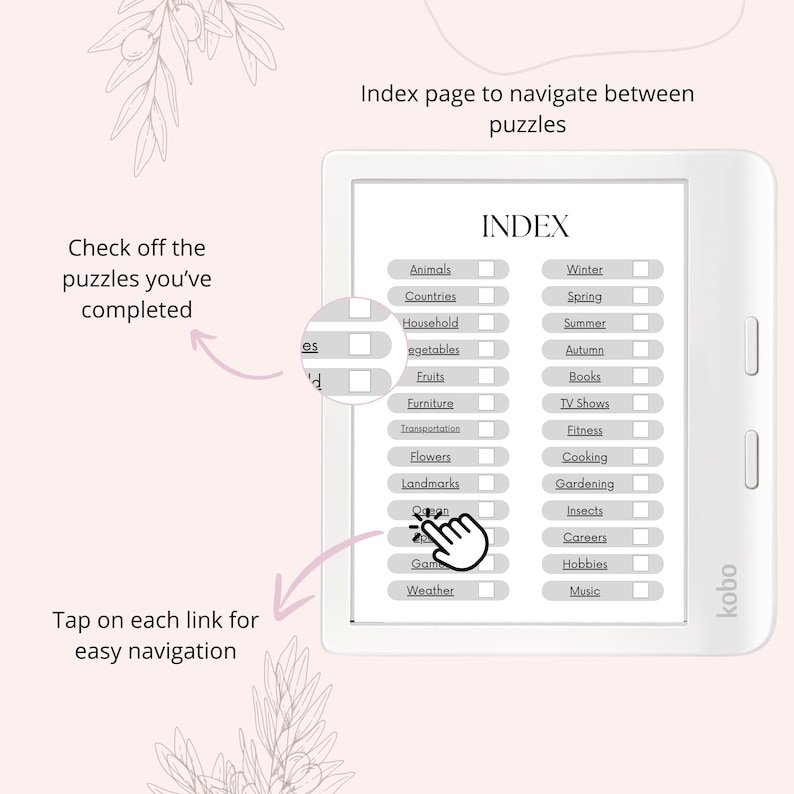May include: A black and white e-reader with a white screen displaying a list of categories for puzzles. The categories include Animals, Countries, Household, Vegetables, Fruits, Furniture, Transportation, Flowers, Landmarks, Games, Weather, Winter, Spring, Summer, Autumn, Books, TV Shows, Fitness, Cooking, Gardening, Insects, Careers, Hobbies, and Music. Each category has a checkbox next to it. The e-reader is labelled "kobo" in the bottom right corner.