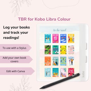 May include: A white e-reader with a black stylus, displaying a list of books to be read. The e-reader is labeled "kobo" and the screen shows book covers with titles like "Book Lovers", "Happy Place", "Funny Story", and "The Good Part".