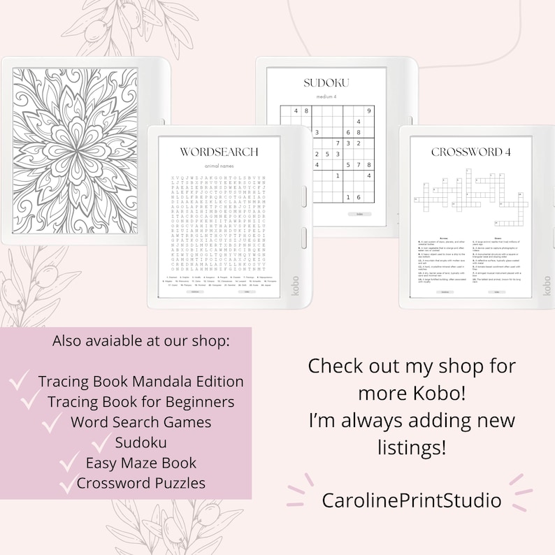 May include: Four white e-reader devices displaying digital puzzle content. One screen shows a floral mandala design, another a word search grid, a third a sudoku puzzle, and the fourth a crossword puzzle. Each device features the Kobo brand name.