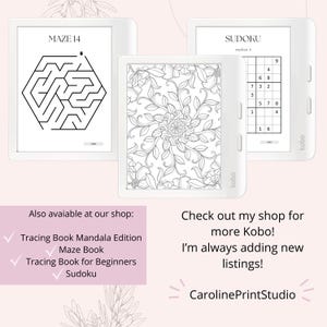 May include: A digital e-reader displaying a black and white maze puzzle on the screen. The e-reader is white with a black border and the text "MAZE 14" at the top. The e-reader is on a white background.